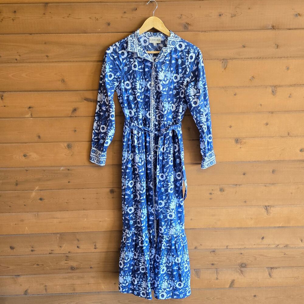 Sohana Cam Dress Morning Glory Blue Maxi Small Boho Cotton Floral Tie Waist Boho - Picture 2 of 7